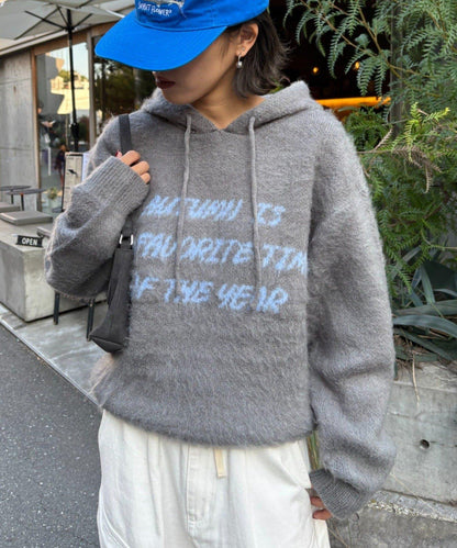 仿馬海毛質感字母針織連帽衫