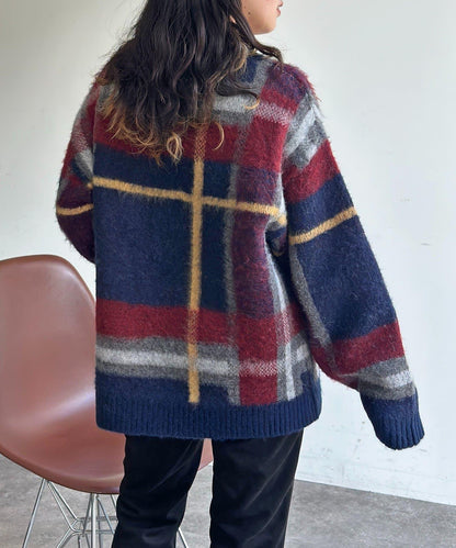 格紋流蘇拼接針織衫