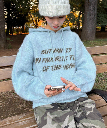 仿馬海毛質感字母針織連帽衫