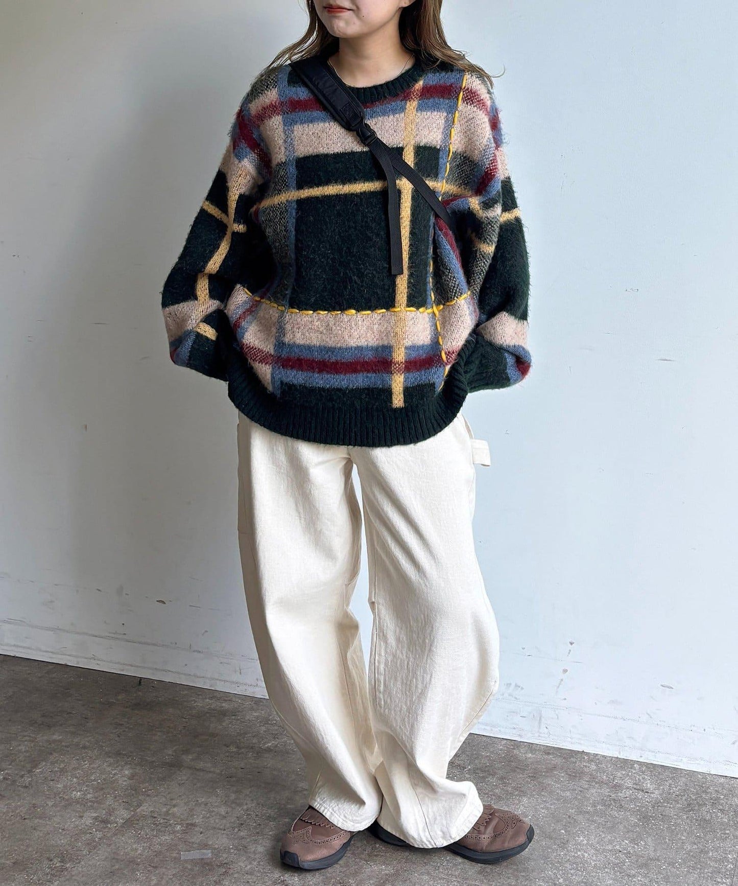 格紋流蘇拼接針織衫