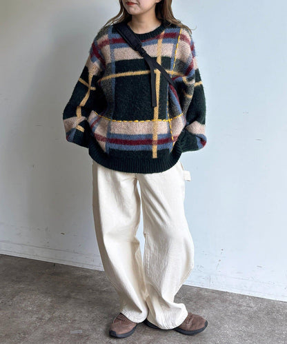 格紋流蘇拼接針織衫