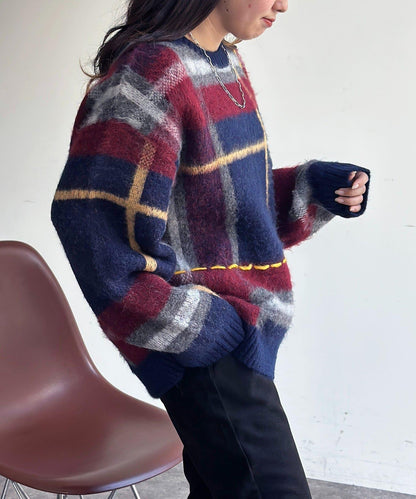 格紋流蘇拼接針織衫