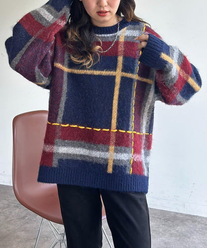 格紋流蘇拼接針織衫