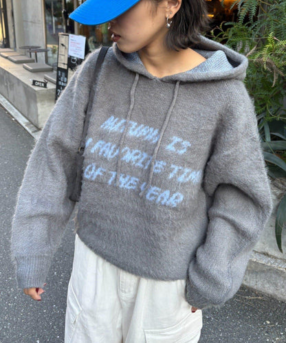 仿馬海毛質感字母針織連帽衫