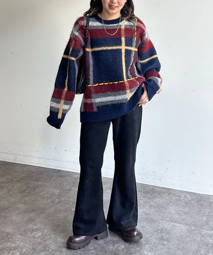 格紋流蘇拼接針織衫