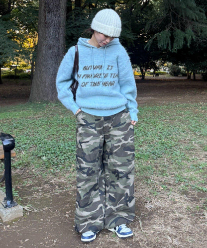 仿馬海毛質感字母針織連帽衫