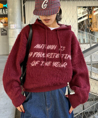 仿馬海毛質感字母針織連帽衫