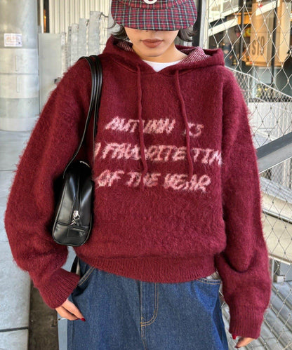 仿馬海毛質感字母針織連帽衫