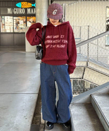 仿馬海毛質感字母針織連帽衫