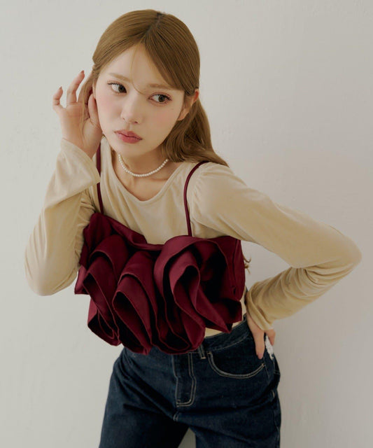 【Chico】荷葉邊吊帶+天鵝絨上衣套裝