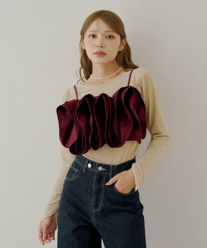 【Chico】荷葉邊吊帶+天鵝絨上衣套裝