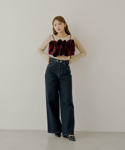 【Chico】荷葉邊吊帶+天鵝絨上衣套裝