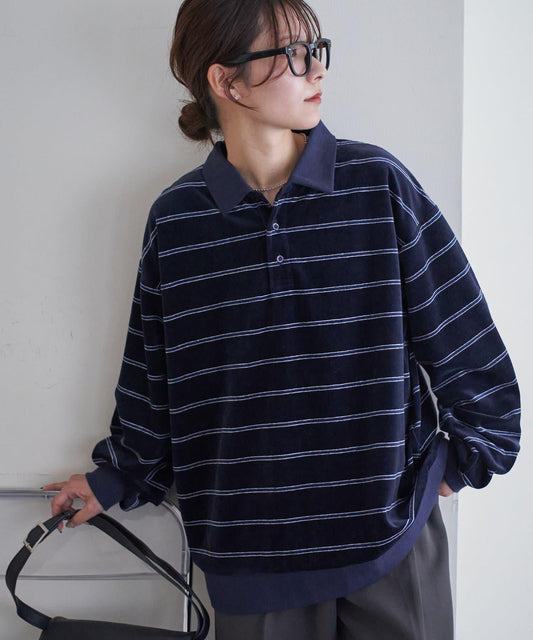 【Discoat】【男女同款】天鵝絨條紋POLO衫
