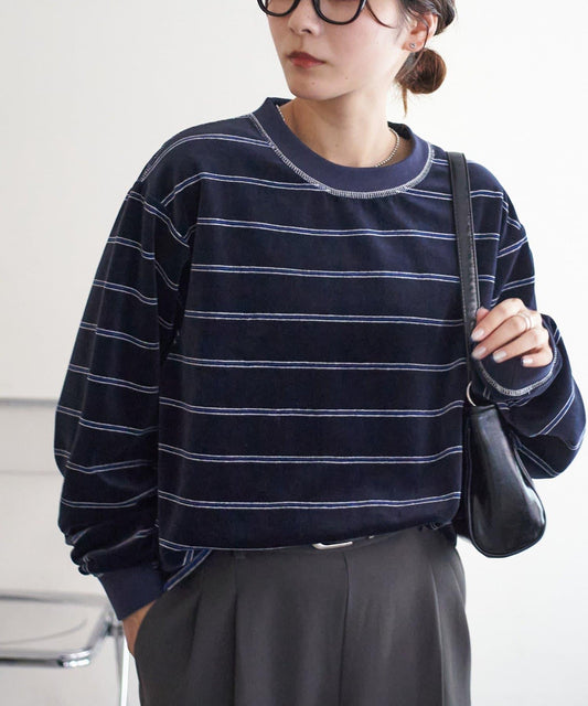 【Discoat】【男女同款】天鵝絨條紋圓領衫