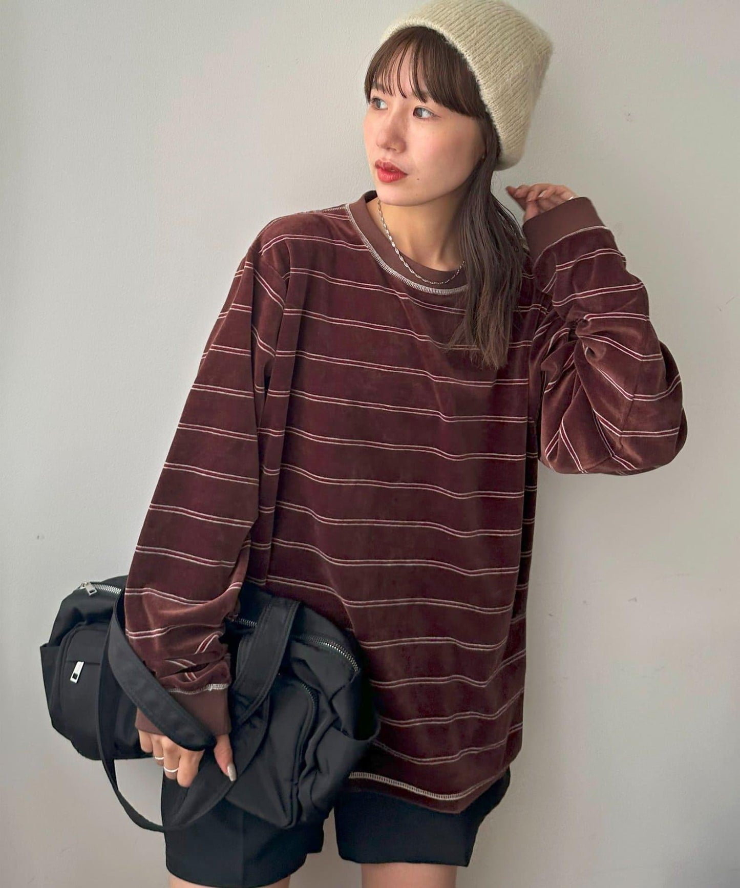 【Discoat】【男女同款】天鵝絨條紋圓領衫