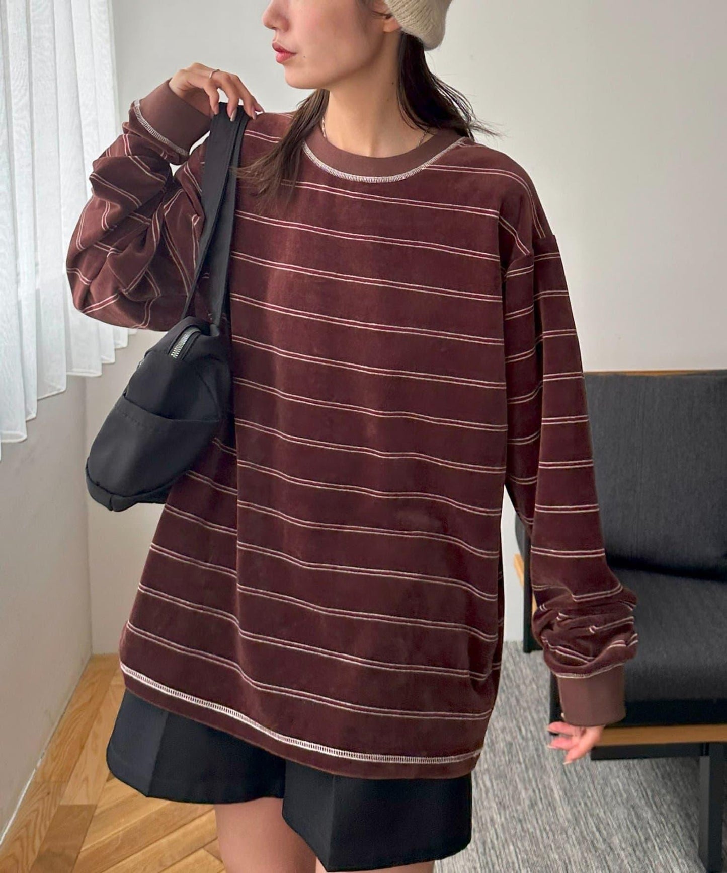 【Discoat】【男女同款】天鵝絨條紋圓領衫