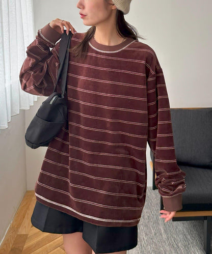 【Discoat】【男女同款】天鵝絨條紋圓領衫