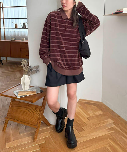 【Discoat】【男女同款】天鵝絨條紋POLO衫