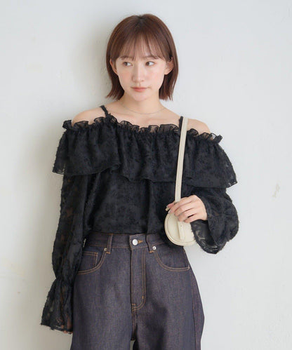 【mystic】[mline]荷葉邊一字肩襯衫