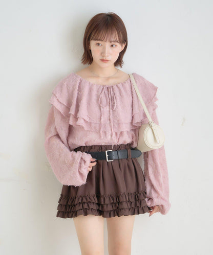 【mystic】[mline]荷葉邊褶皺雪紡襯衫