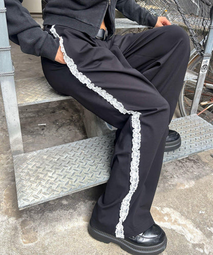 【WHO'S WHO gallery】側邊蕾絲拼接長褲