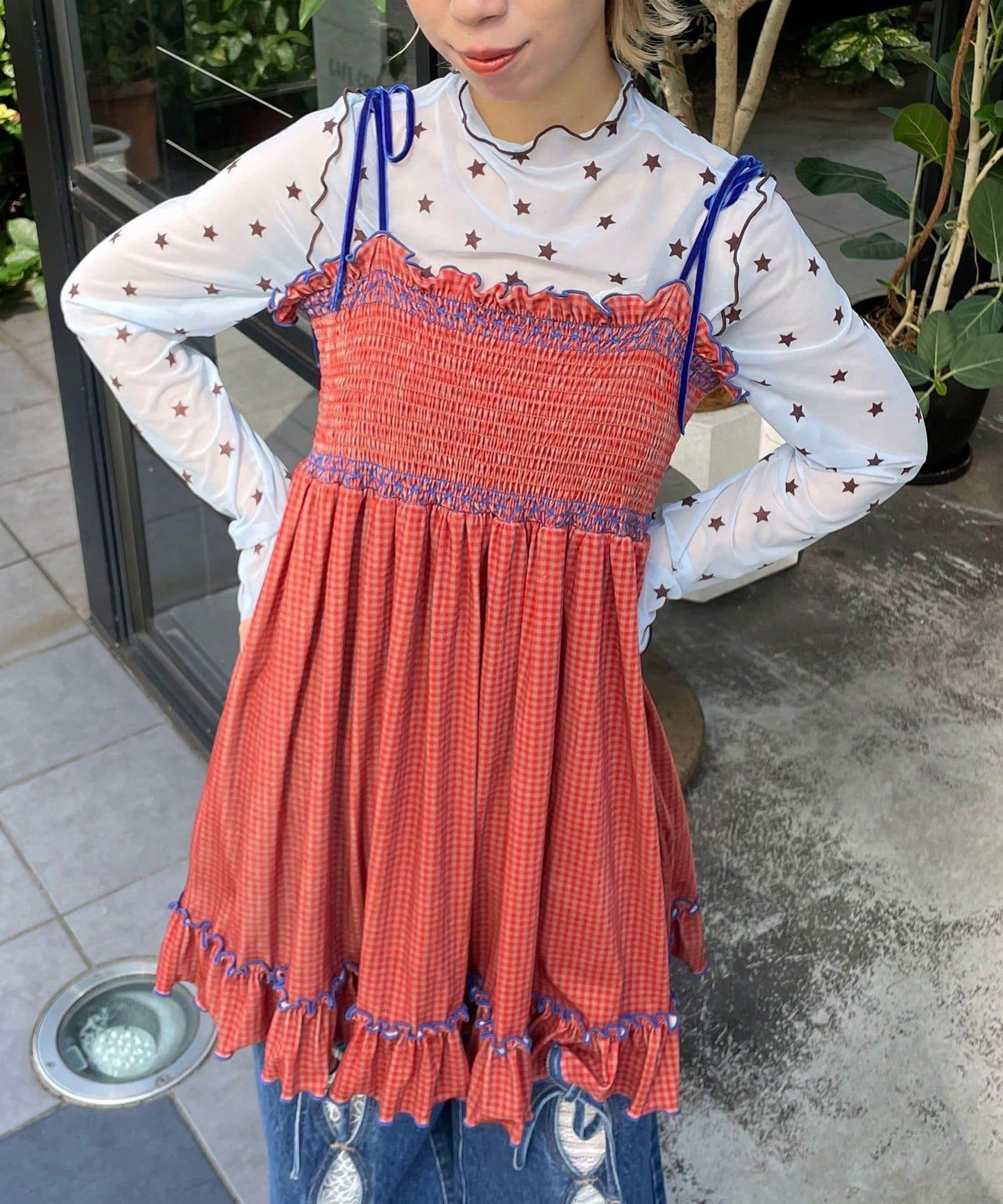 【HELLO.SANFRANCISCO/ハローサンフランシスコ】格紋天鵝絨抽褶長款上衣