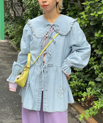 【HELLO.SANFRANCISCO/ハローサンフランシスコ】帶領雛菊刺繡牛仔襯衫