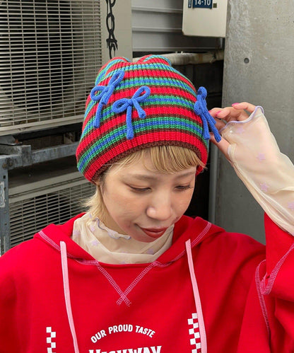 【HELLO.SANFRANCISCO/ハローサンフランシスコ】帶蝴蝶結多色條紋針織帽