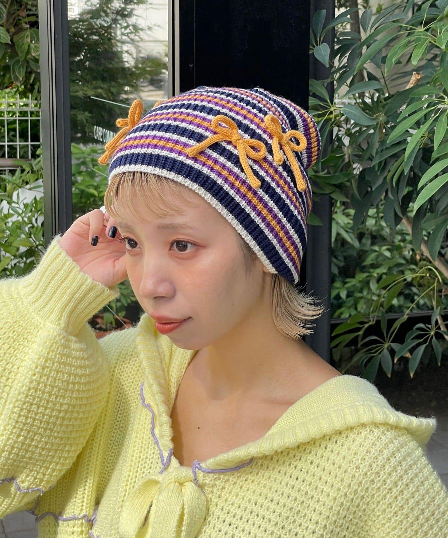 【HELLO.SANFRANCISCO/ハローサンフランシスコ】帶蝴蝶結多色條紋針織帽