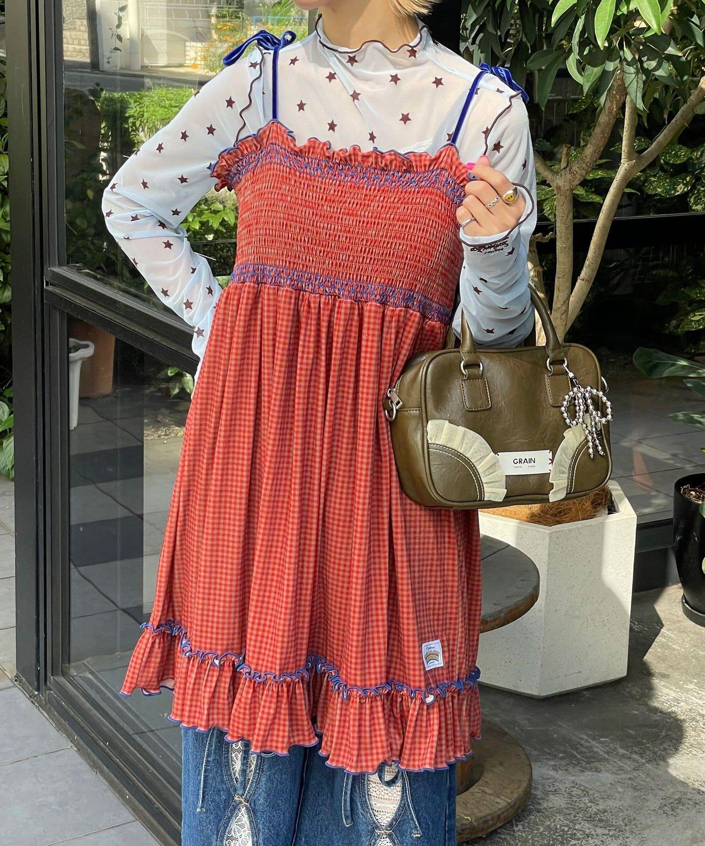 【HELLO.SANFRANCISCO/ハローサンフランシスコ】格紋天鵝絨抽褶長款上衣