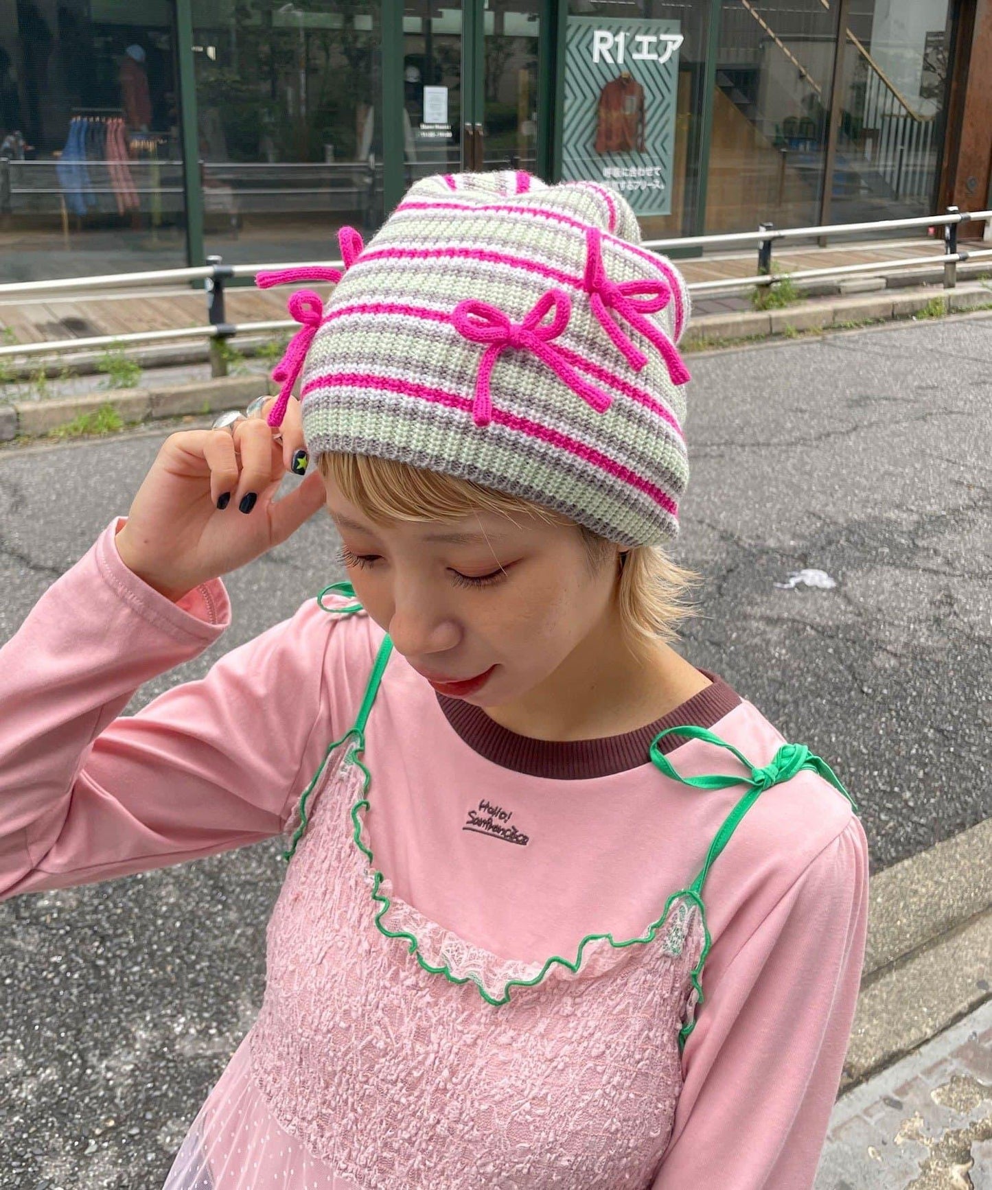 【HELLO.SANFRANCISCO/ハローサンフランシスコ】帶蝴蝶結多色條紋針織帽