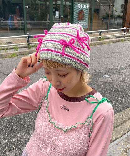 【HELLO.SANFRANCISCO/ハローサンフランシスコ】帶蝴蝶結多色條紋針織帽