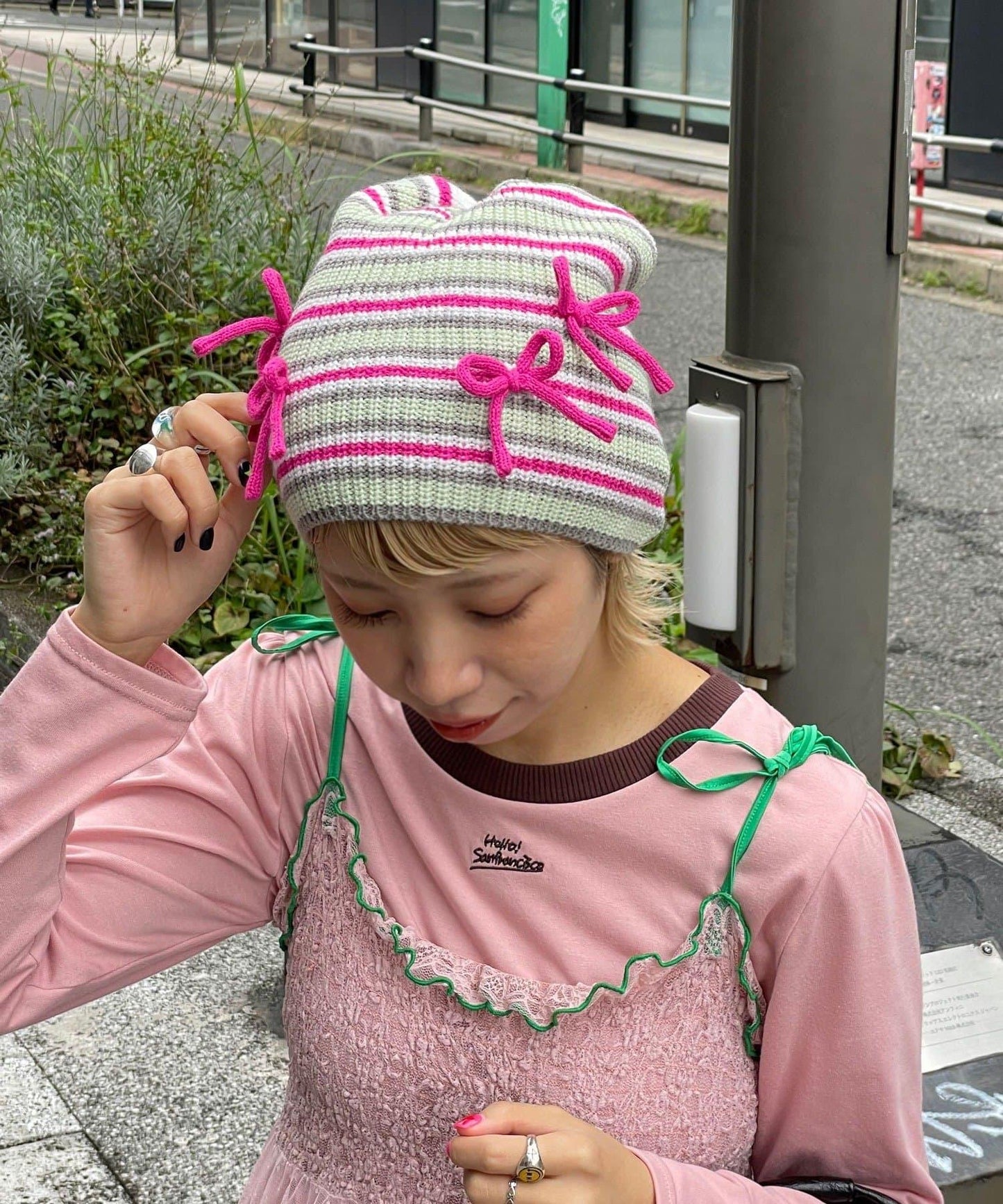 【HELLO.SANFRANCISCO/ハローサンフランシスコ】帶蝴蝶結多色條紋針織帽