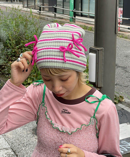 【HELLO.SANFRANCISCO/ハローサンフランシスコ】帶蝴蝶結多色條紋針織帽