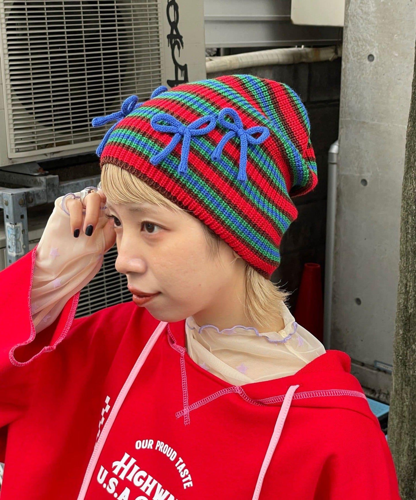 【HELLO.SANFRANCISCO/ハローサンフランシスコ】帶蝴蝶結多色條紋針織帽