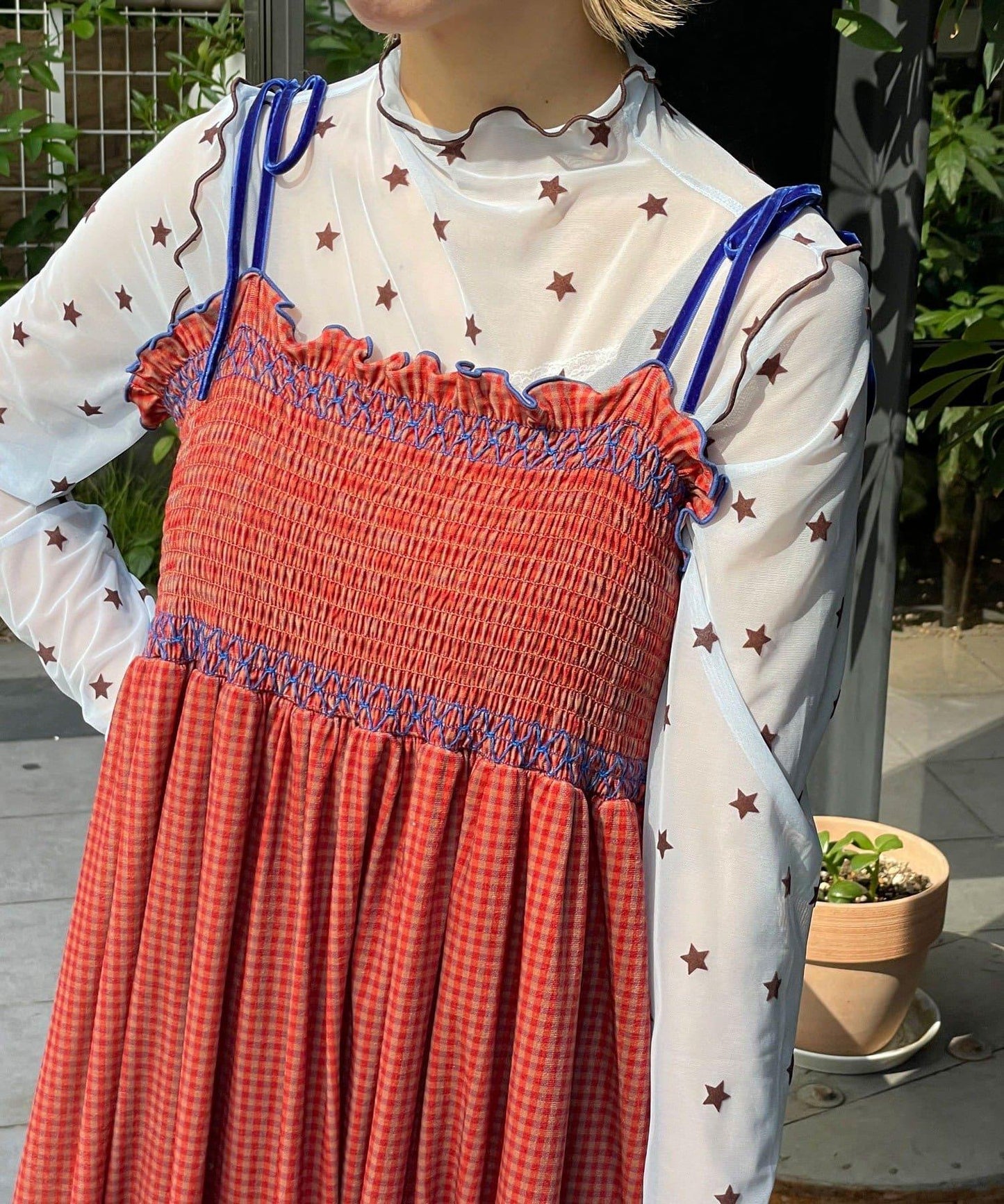 【HELLO.SANFRANCISCO/ハローサンフランシスコ】格紋天鵝絨抽褶長款上衣