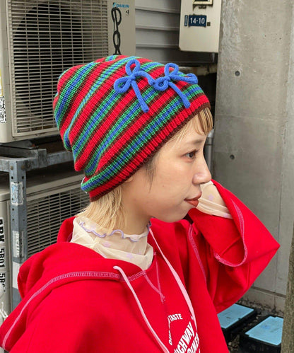 【HELLO.SANFRANCISCO/ハローサンフランシスコ】帶蝴蝶結多色條紋針織帽
