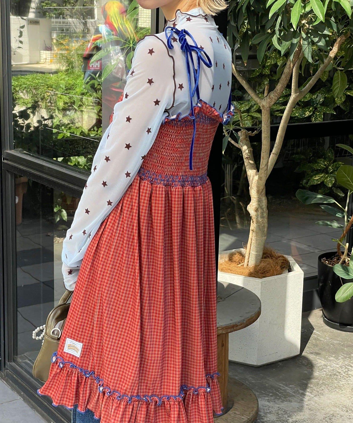 【HELLO.SANFRANCISCO/ハローサンフランシスコ】格紋天鵝絨抽褶長款上衣