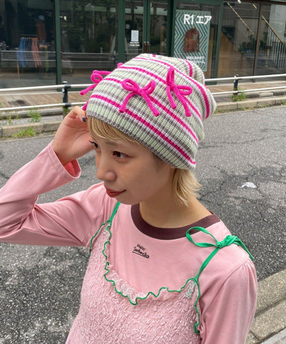 【HELLO.SANFRANCISCO/ハローサンフランシスコ】帶蝴蝶結多色條紋針織帽