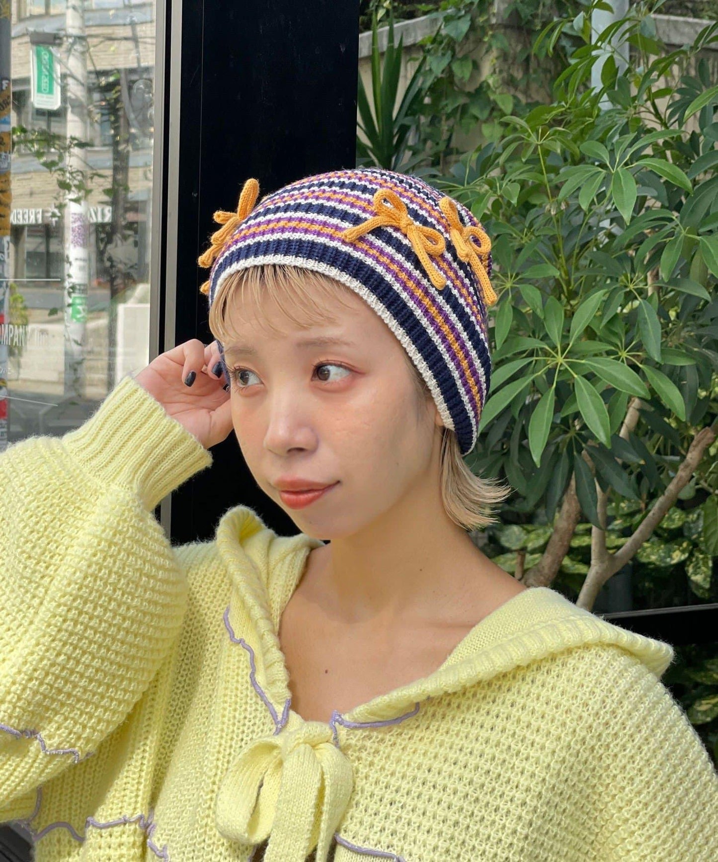 【HELLO.SANFRANCISCO/ハローサンフランシスコ】帶蝴蝶結多色條紋針織帽