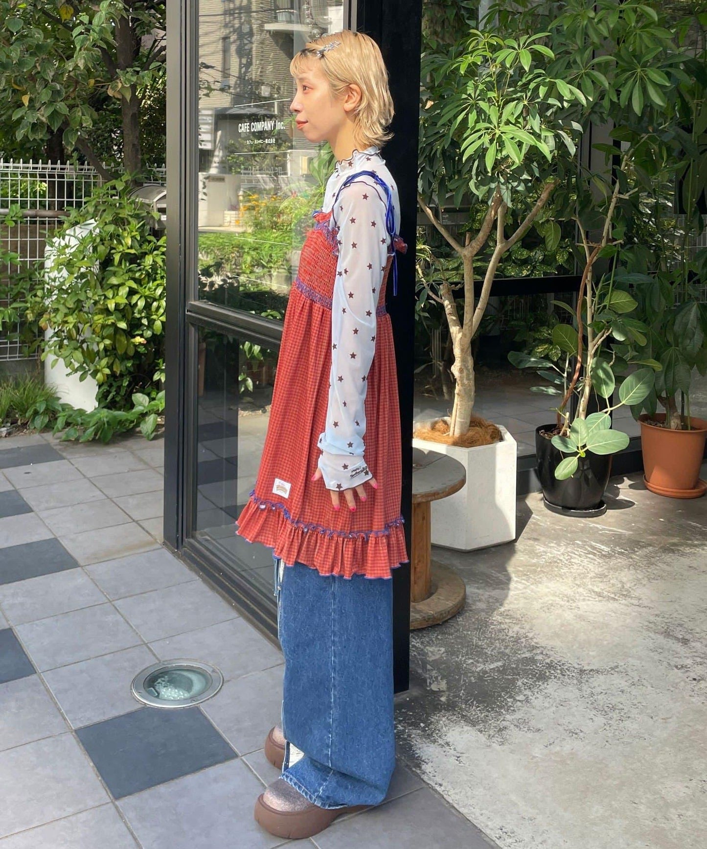 【HELLO.SANFRANCISCO/ハローサンフランシスコ】格紋天鵝絨抽褶長款上衣