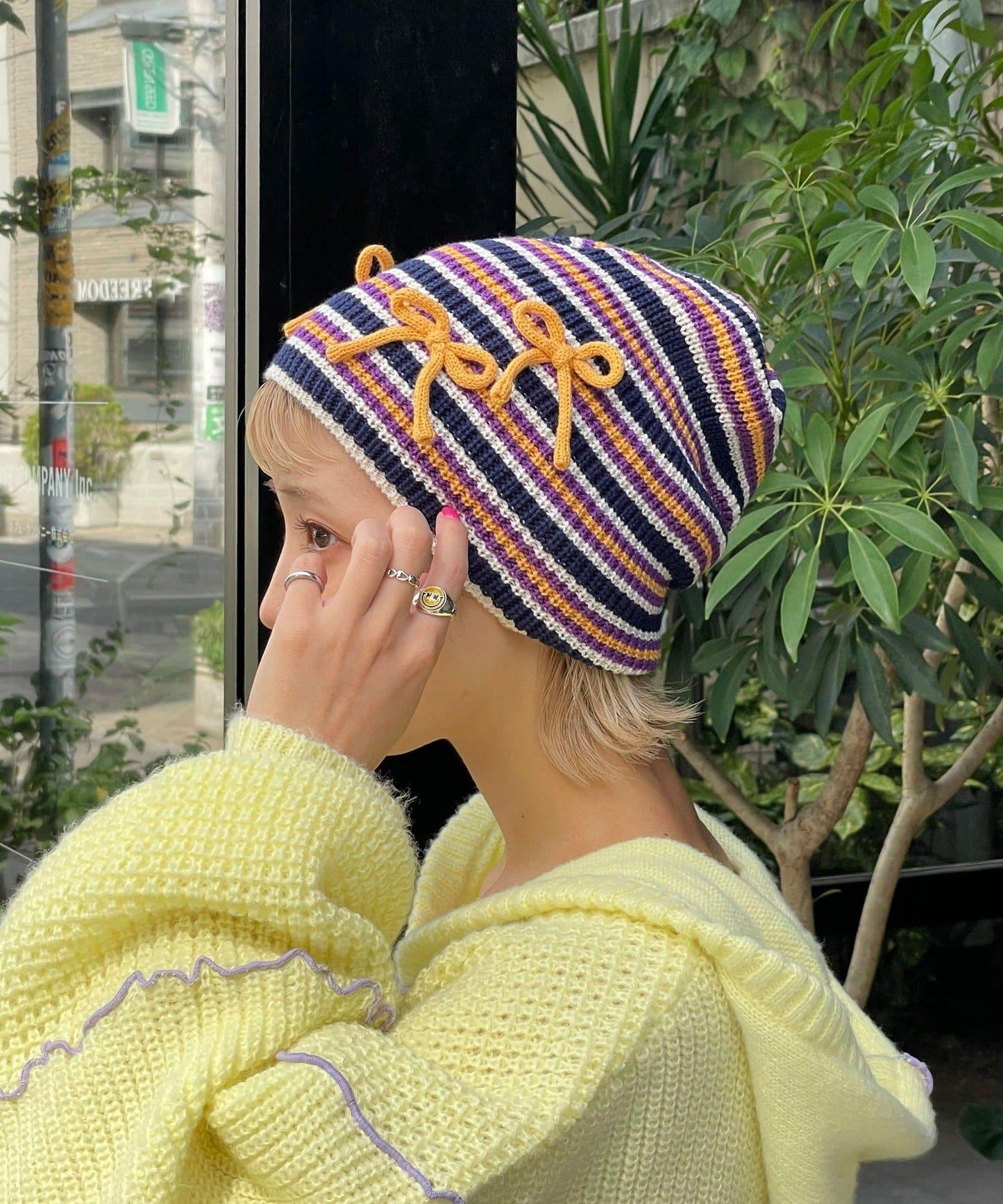 【HELLO.SANFRANCISCO/ハローサンフランシスコ】帶蝴蝶結多色條紋針織帽