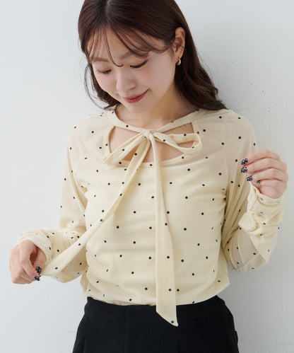 波點天鵝絨蝴蝶結領套頭衫