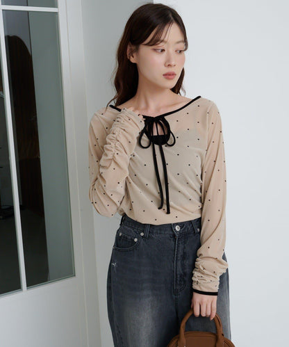 波點天鵝絨蝴蝶結套頭衫