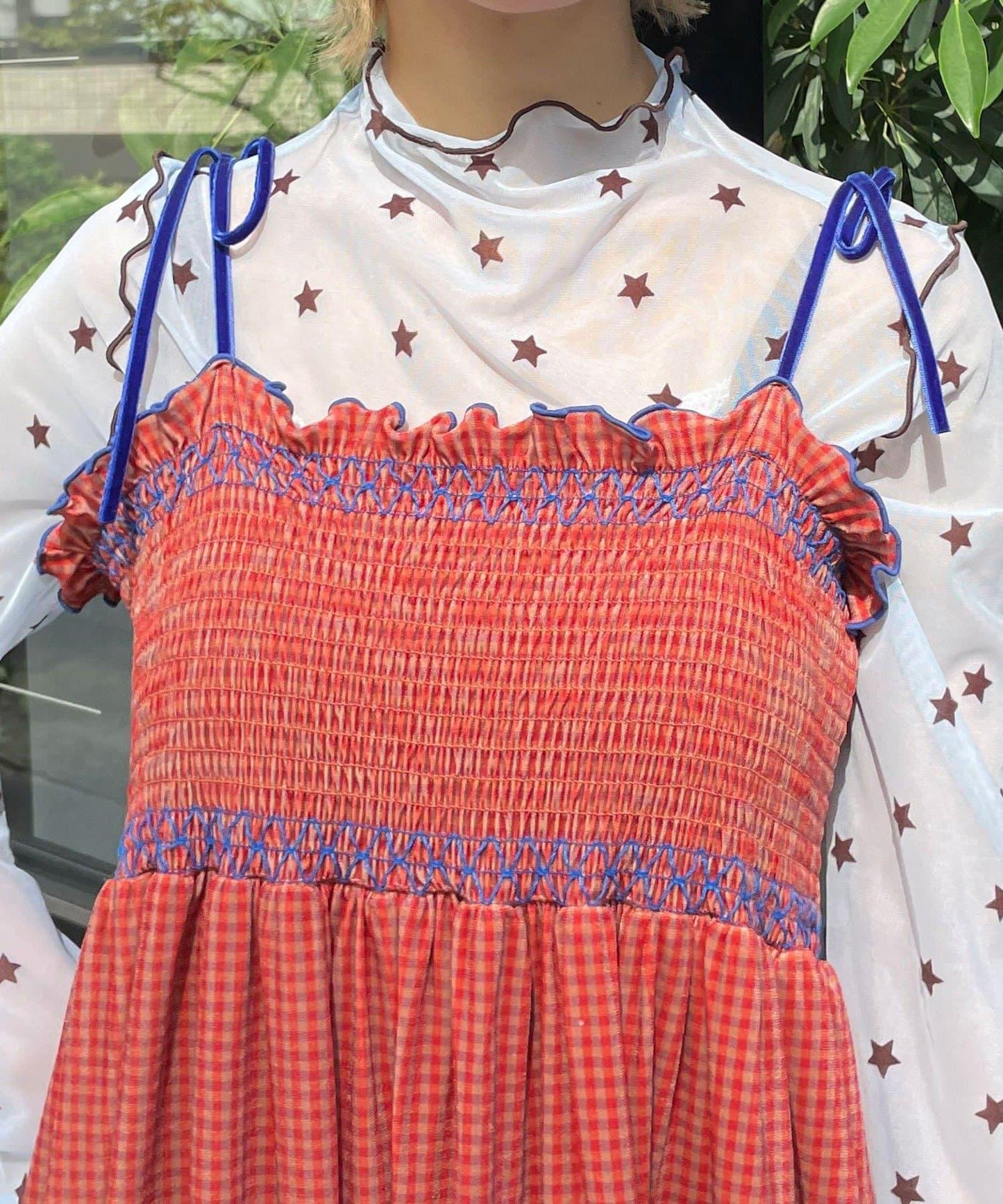 【HELLO.SANFRANCISCO/ハローサンフランシスコ】格紋天鵝絨抽褶長款上衣