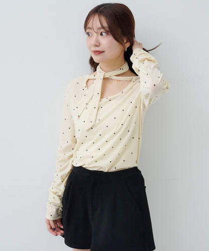 波點天鵝絨蝴蝶結領套頭衫