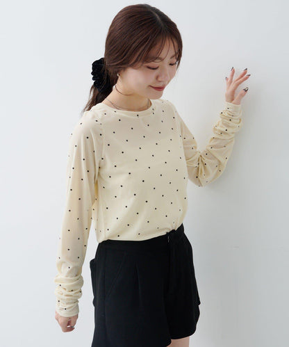 波點天鵝絨蝴蝶結領套頭衫