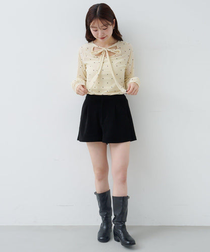 波點天鵝絨蝴蝶結領套頭衫