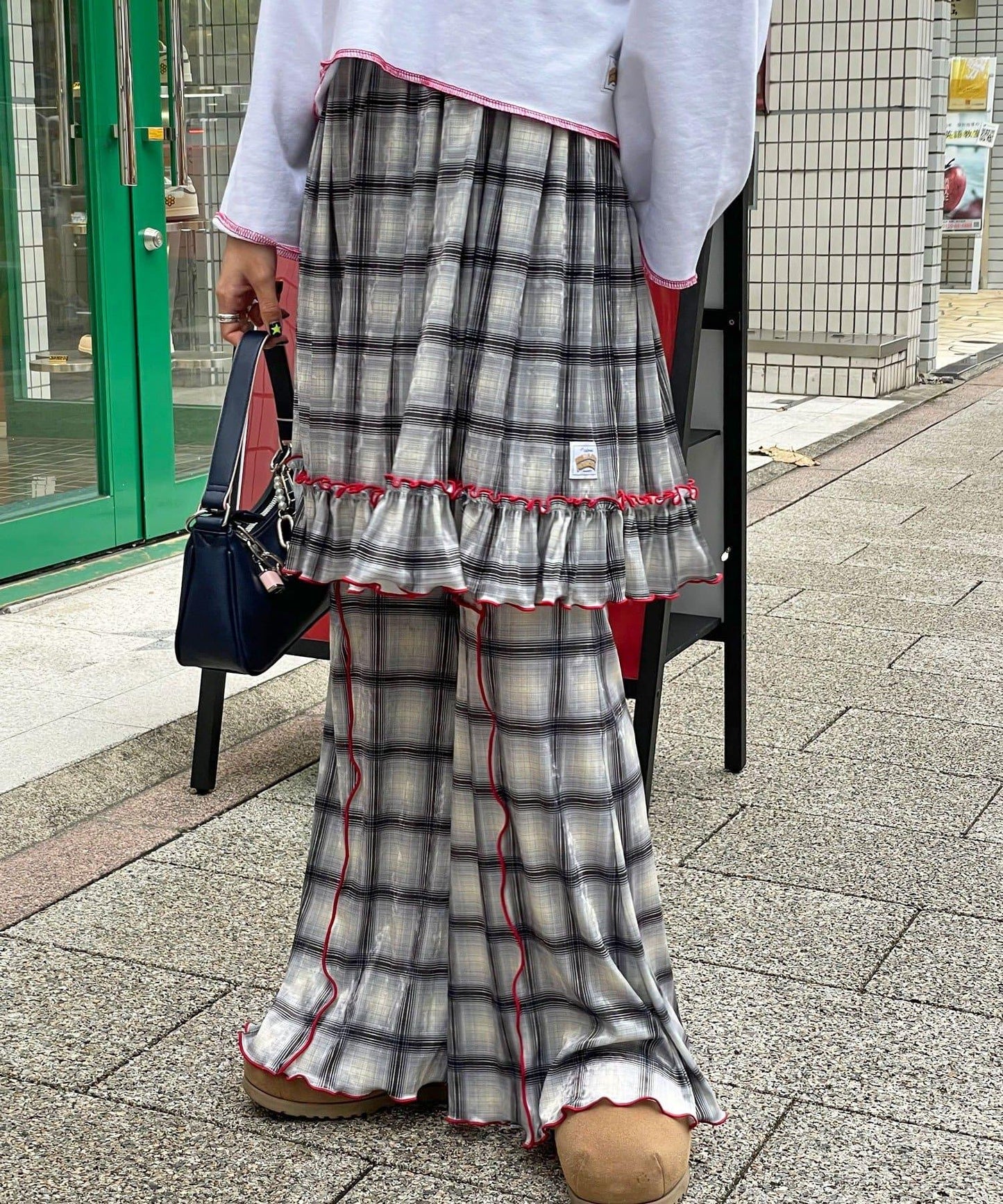 【HELLO.SANFRANCISCO/ハローサンフランシスコ】格紋荷葉邊拼接喇叭褲