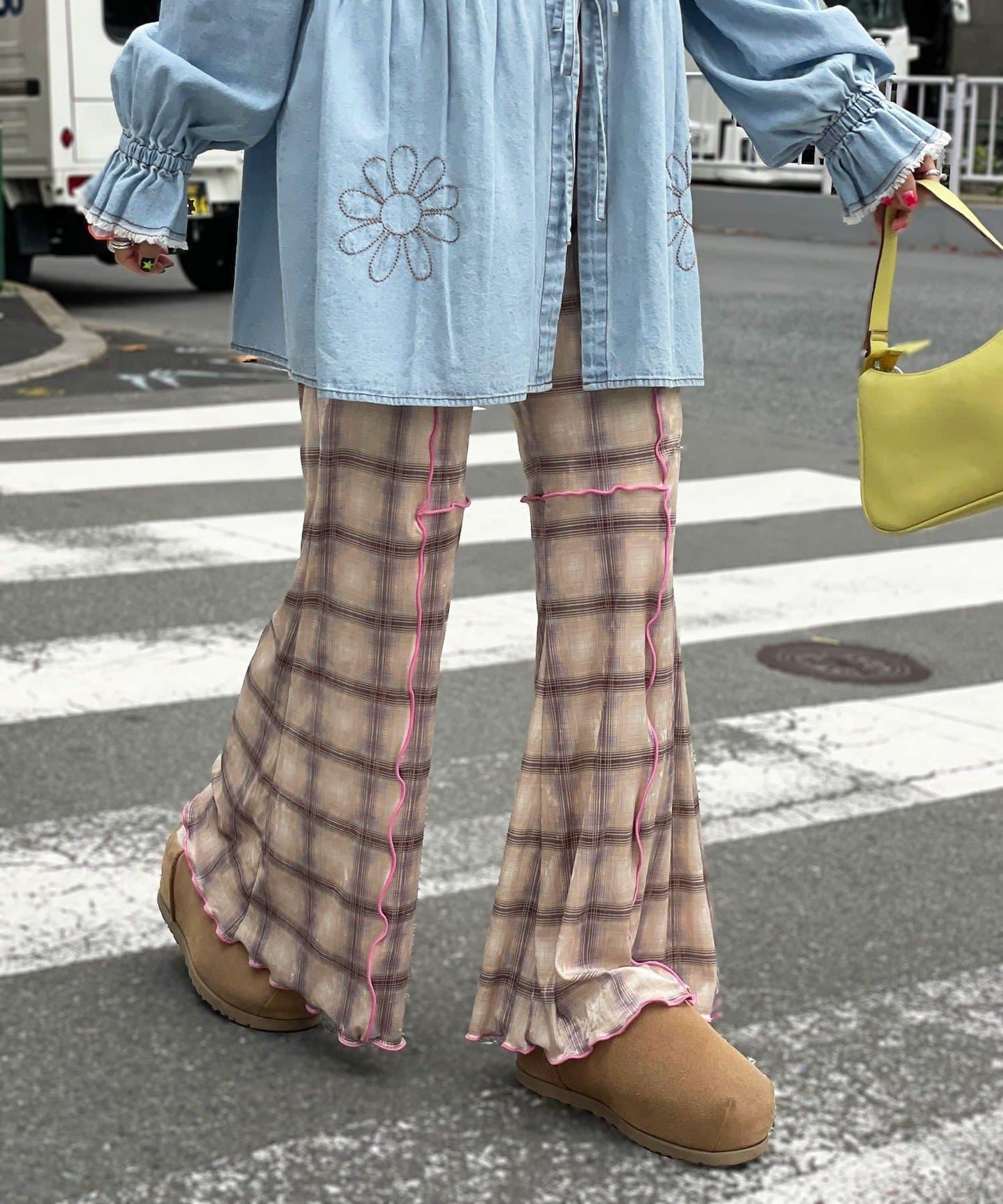 【HELLO.SANFRANCISCO/ハローサンフランシスコ】格紋荷葉邊拼接喇叭褲